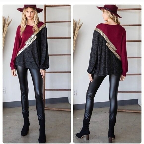 Colorblock Burgundy & Black Long Sleeve Top W/Gold Sequin Accent-NEW - Picture 2 of 8